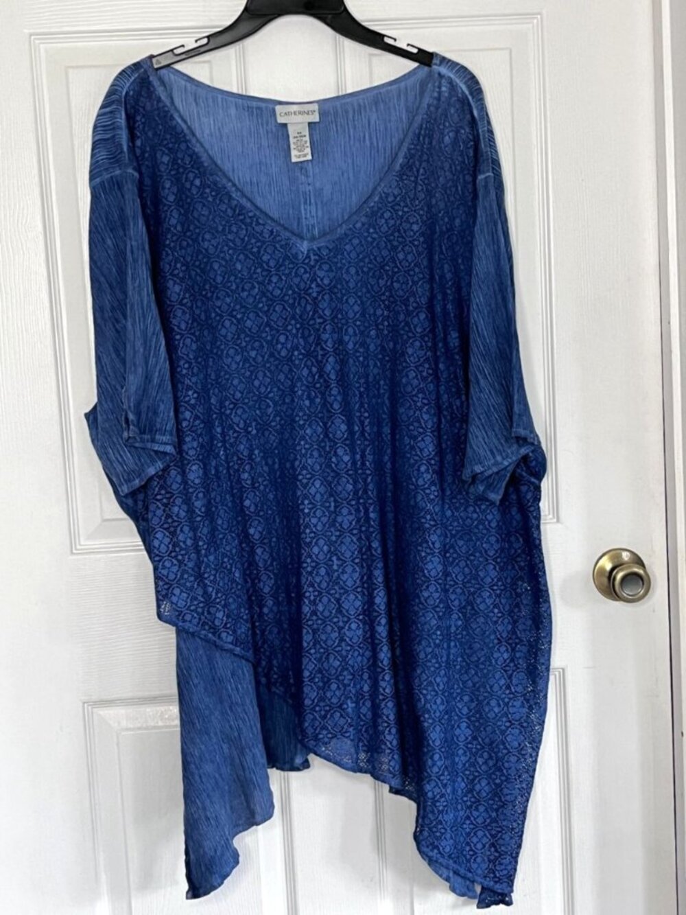 Catherines Tunic 5X Lace Overlay Short Sleeve Dressy Blue